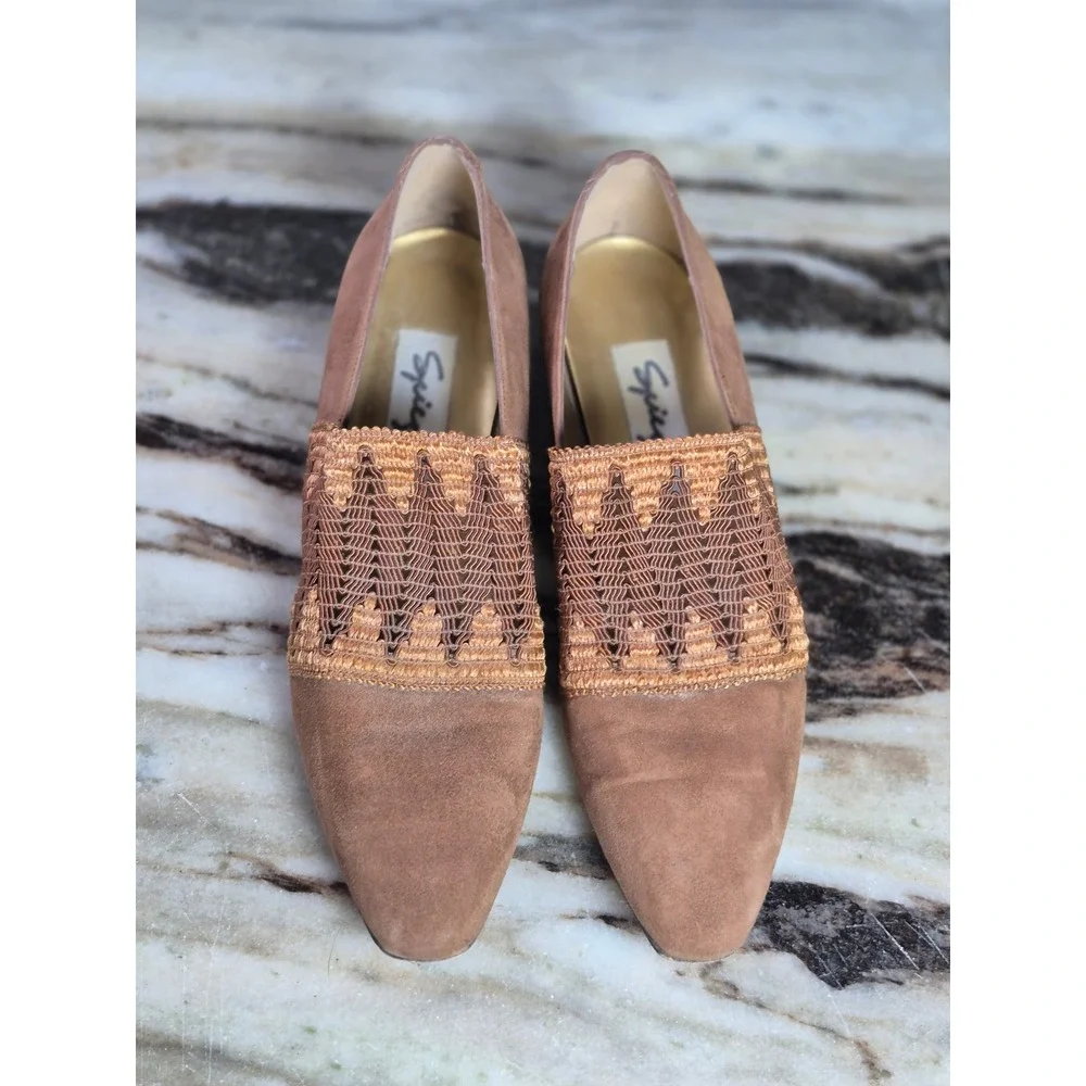 Spiegel Vintage Tan Suede Woven Vamp Pointed Toe Loafers Made in Italy Size 7.5M